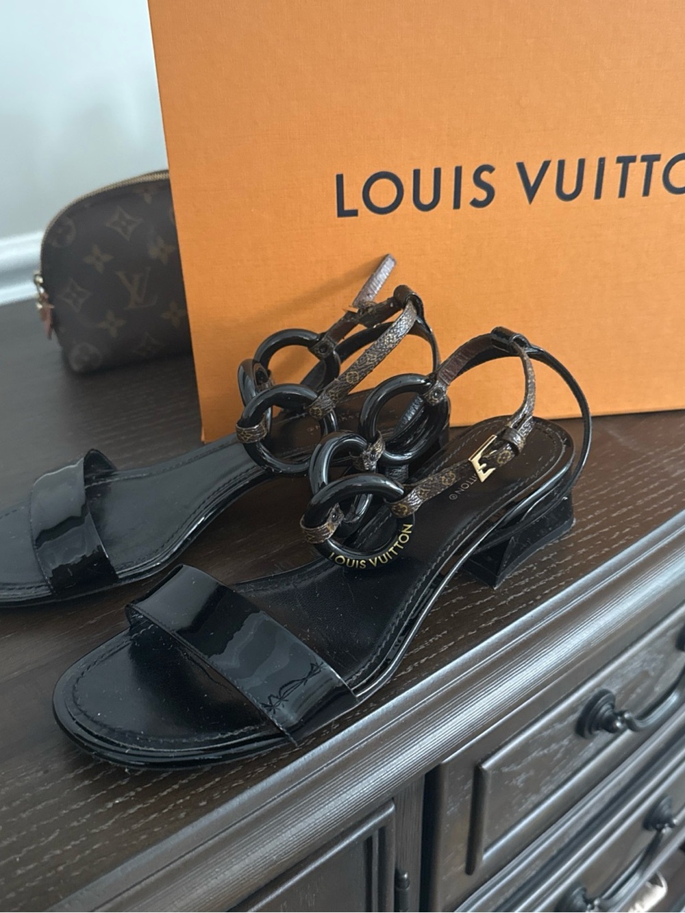 Louis Vuitton Black Patent & Monogram Link Sandals